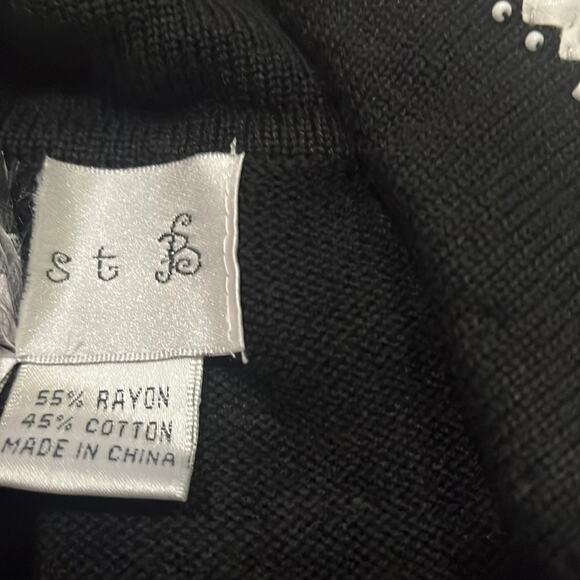 Vintage Knit Cardigan Sweater Black Bead Vegan Leather Trim Satin Medium - Picture 6 of 16